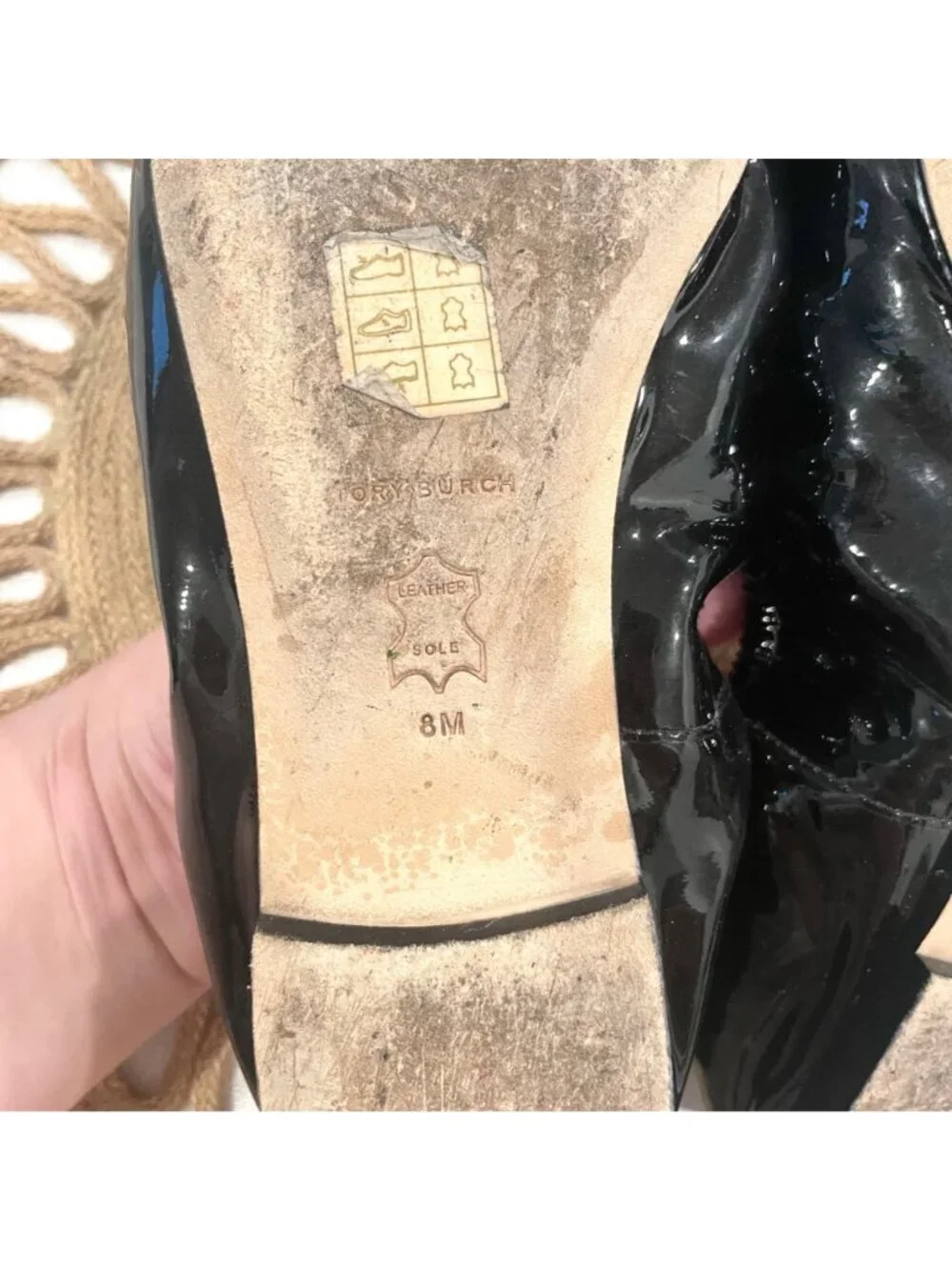 Tory Burch Floral Applique Patent Leather Ballet Flats Size 8 Black